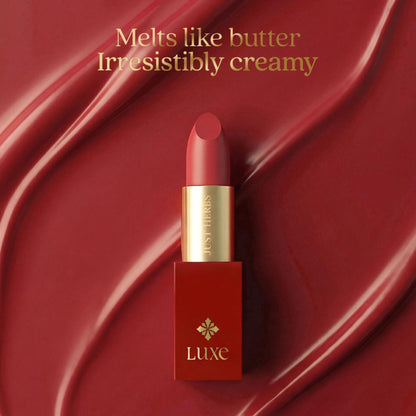 Just Herbs Luxe Satin Melt high shine lipstick in shade Peach Serenade, showing the smooth, glossy peach-colored lipstick bullet.