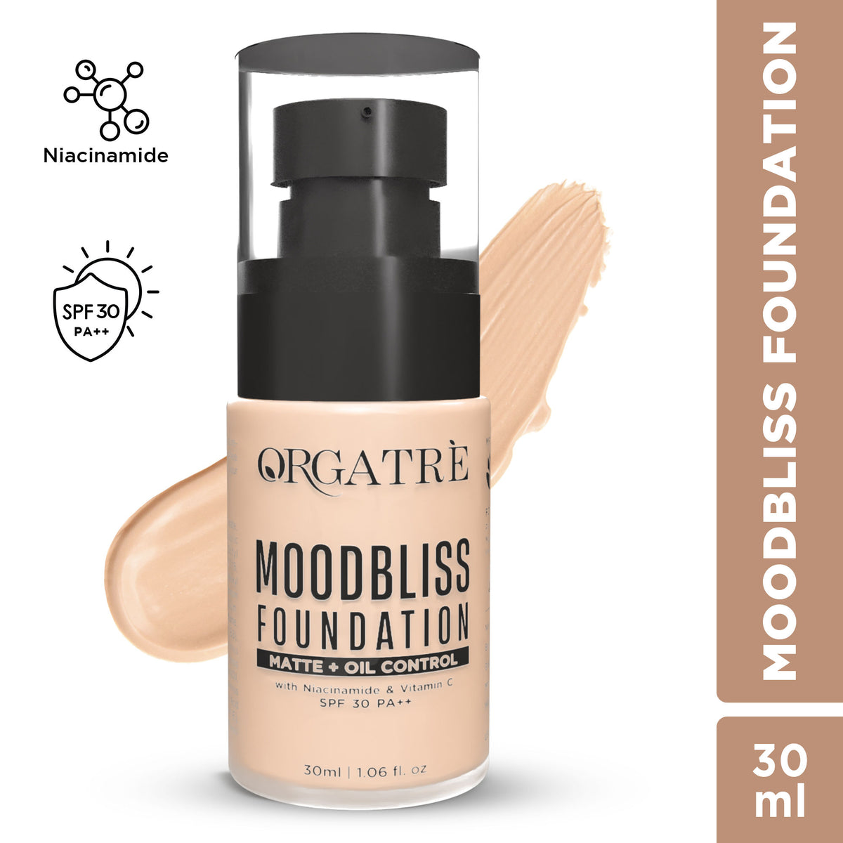 Orgatre Matte+ Oil Control Foundation with SPF 30, longwear formula enriched with Niacinamide and Vitamin C, in shade 240.