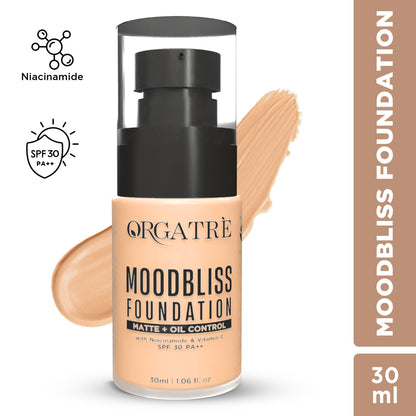 Orgatre Matte+ Oil Control Foundation with SPF 30, longwear, enriched with niacinamide and vitamin C, in a compact container.