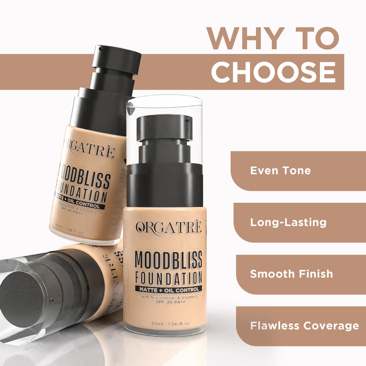 Orgatre Matte+ Oil Control Foundation with SPF 30, longwear, enriched with Niacinamide and Vitamin C, in shade 240.