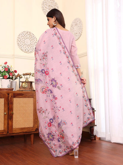 Dhiyona VA Women'sFloral Embroidered Chanderi Silk Straight Kurta With Trouser & Dupatta