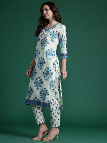 Indyancart IE Women Floral Printed Regular Pure Cotton Kurta with Trousers & With Dupatta