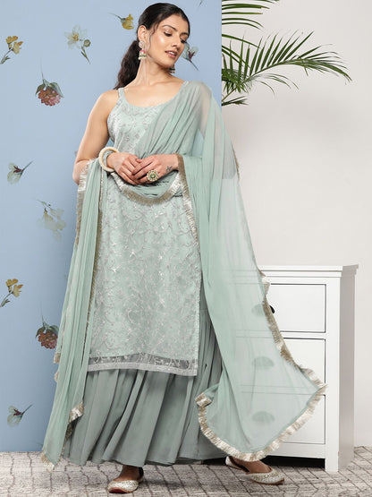 Indyancart VA Women Floral Embroidered Sequinned Kurta With Sharara & Dupatta