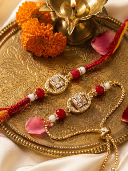 Anouk Set Of 2 Artificial Stones & Beads Swastik Bhaiya Bhabhi Rakhi With Roli Chawal