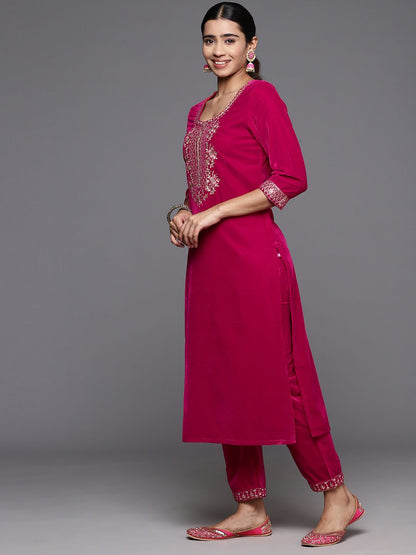 Indyancart VA Women'sFloral Zari Embroidered Velvet Kurta with Trouser & Velvet Dupatta