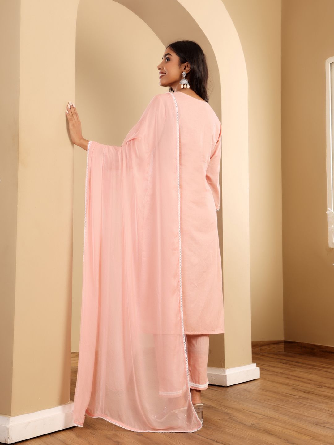 Indyancart VA Women'sFloral Embroidered Thread Work Straight Kurta With Trousers & Dupatta
