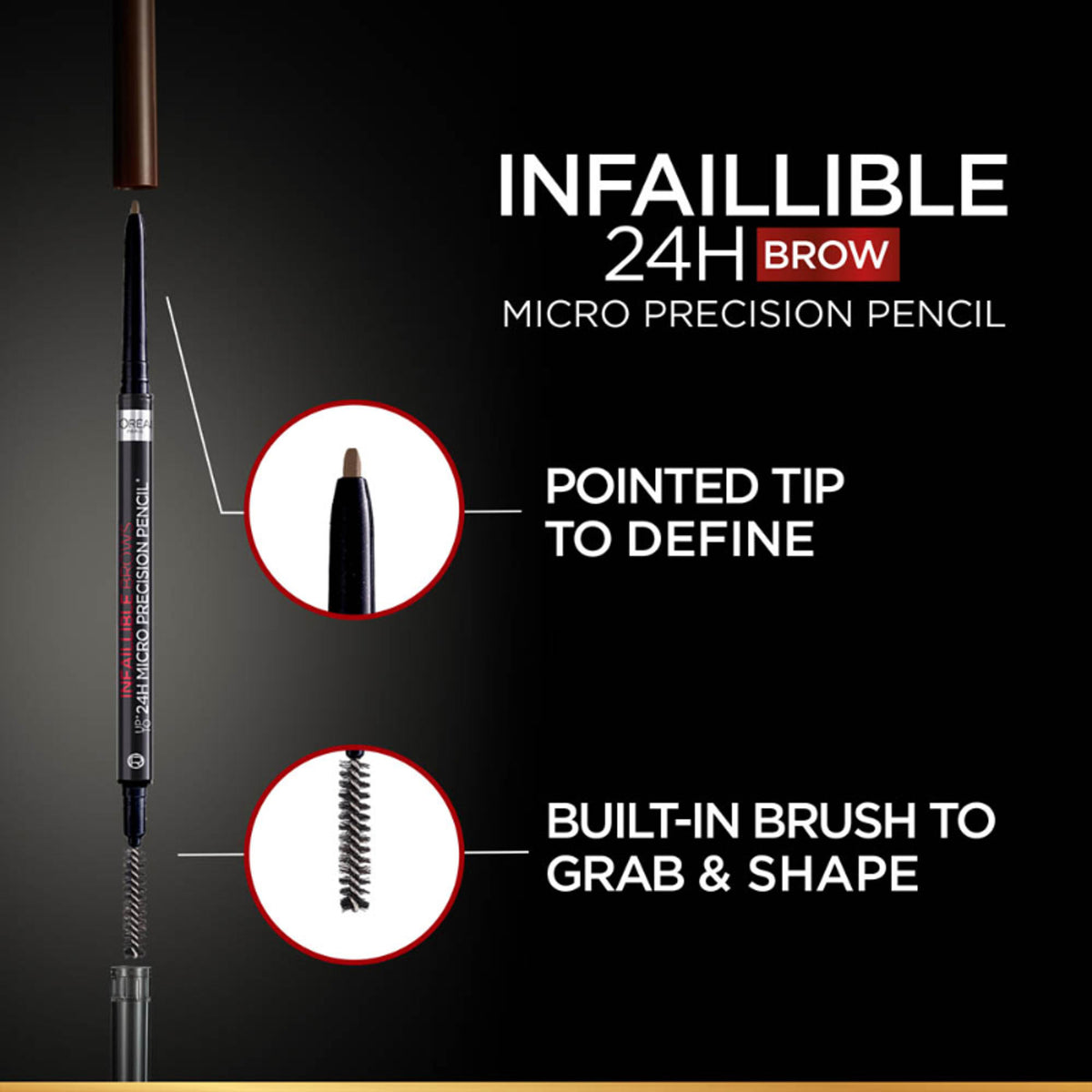 L'Oreal Paris Infallible Brows Micro Precision Pencil in Ebony, a close-up of the eyebrow pencil with a fine tip for detailed brow filling.