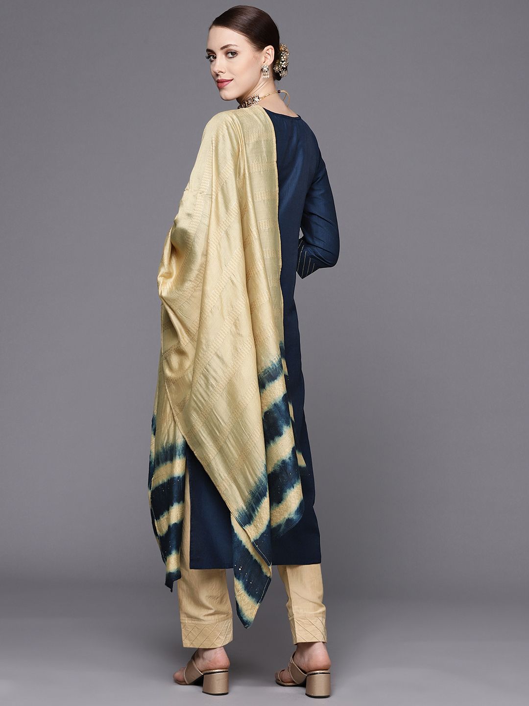 Indyancart VA Women's Navy Blue Yoke Design Kurta with Trousers & With Dupatta