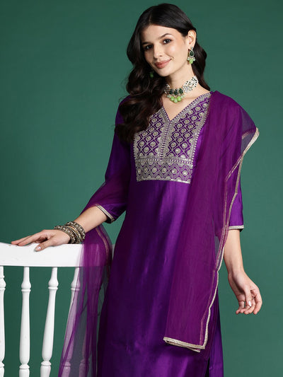 Indyancart IE Floral Sequinned Liva Kurta with Trousers & With Dupatta