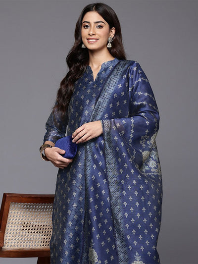 Indyancart VA Women's Floral Printed Chanderi Silk Kurta with Trousers & Dupatta