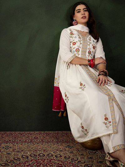 Indyancart SN Women's Off White Floral Embroidered Thread Work A-Line Kurta With Trouser & Dupatta