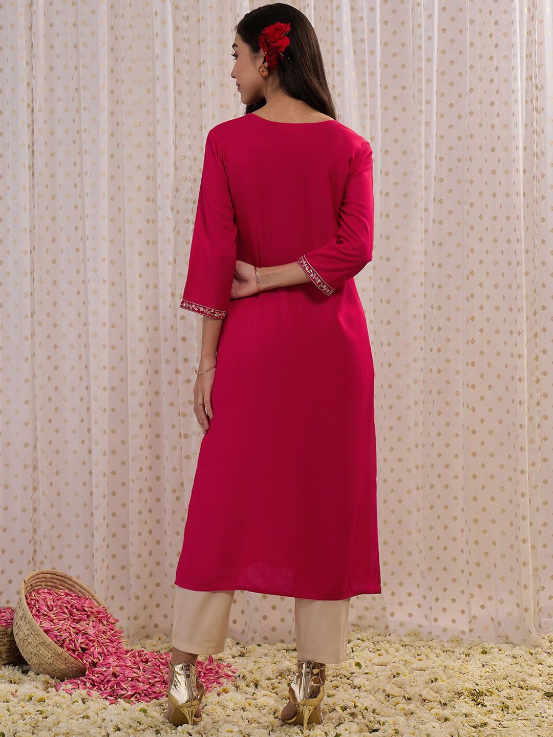 Indyancart IE Floral Embroidered Round Neck Three-Quarter Sleeves Floral Kurta