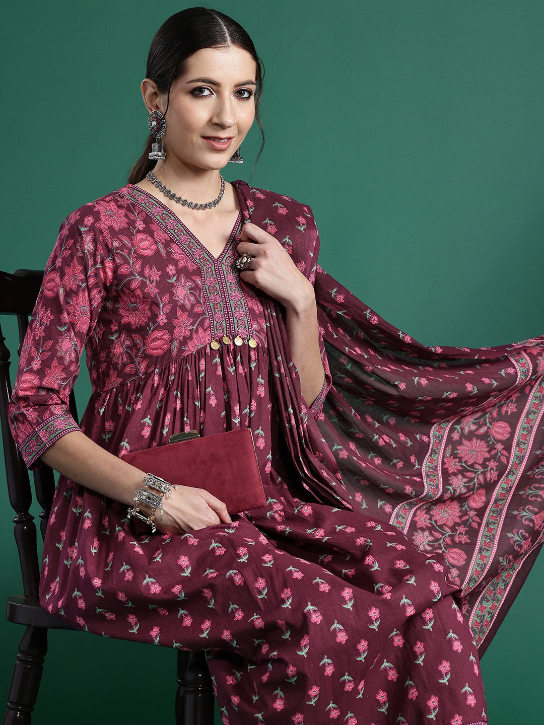 Indyancart IE Floral Printed Empire Pure Cotton Kurta with Trousers & Dupatta