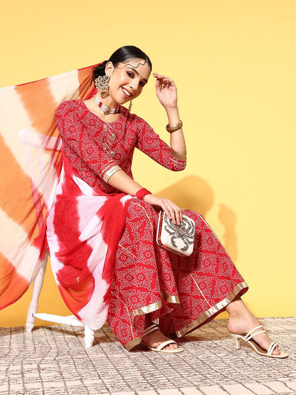 Indyancart VA Women's Bandhani Pure Cotton Print Parade Kurta Set