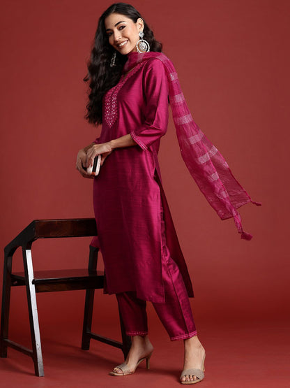 Yoke Design Mirror Work Kurta With Trousers & Dupatta