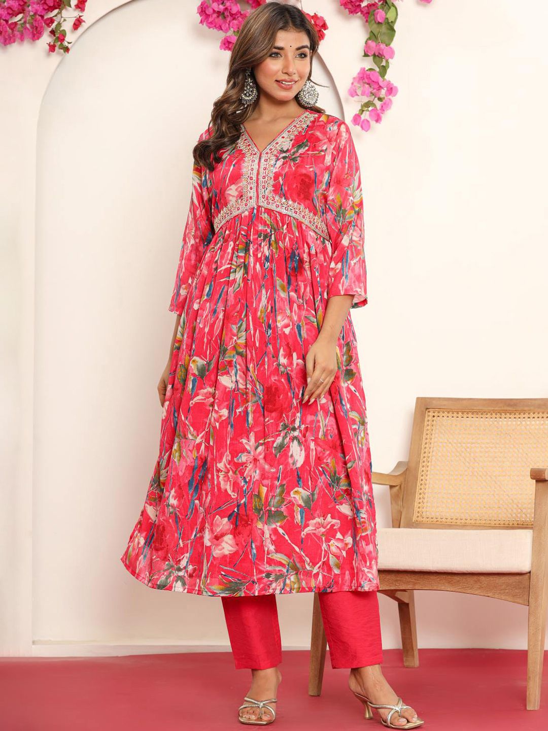Indyancart VA Women'sPink Gotta Patti Floral Embroidered V- Neck Empire Kurta With Trousers & Dupatta