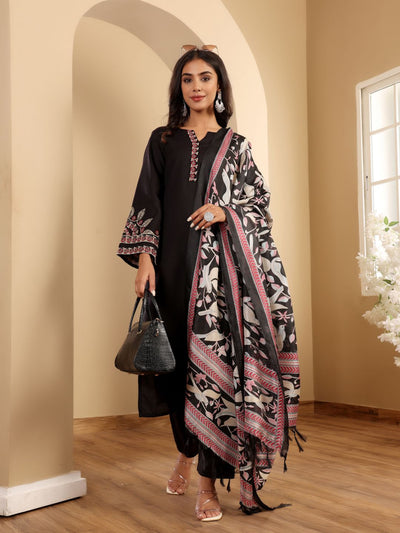 Indyancart VA Women'sFloral Embroidered Thread Work Notch Neck Straight Kurta With Trousers & Dupatta