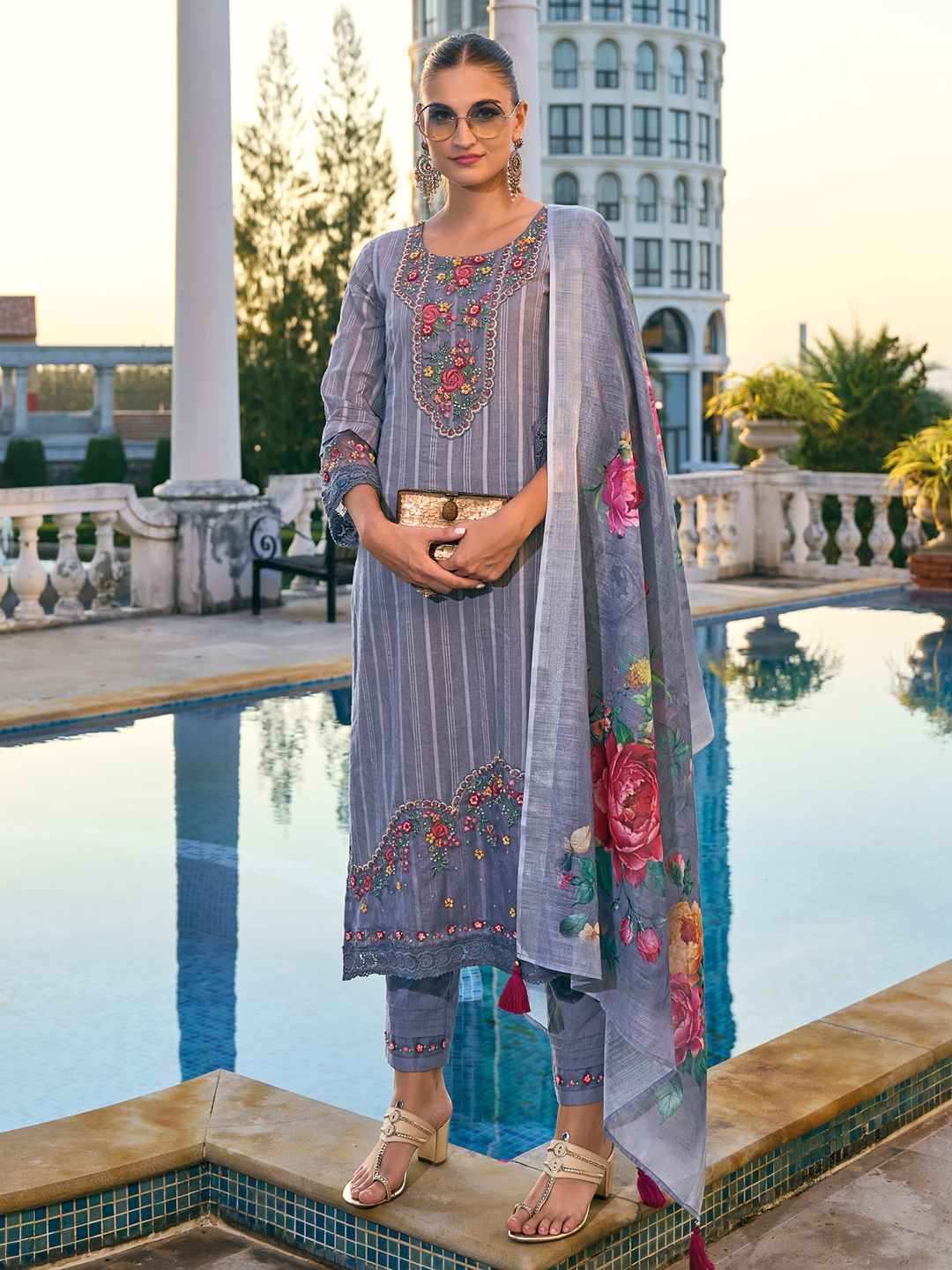 Indyancart IE Grey Floral Embroidered Thread Work Pure Cotton Kurta with Trousers & Dupatta