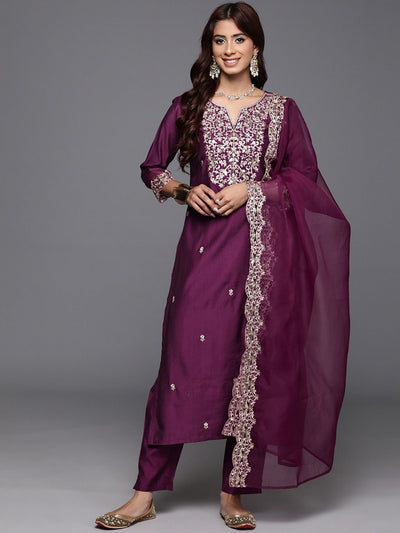 Indyancart IE Floral Embroidered Sequinned Liva Kurta with Trousers & Dupatta