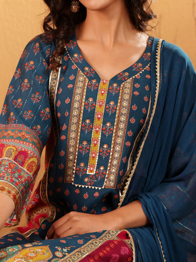 Indyancart VA Women'sEthnic Motifs Printed Sequnnied Chanderi Silk Kurta With Trousers And Dupatta
