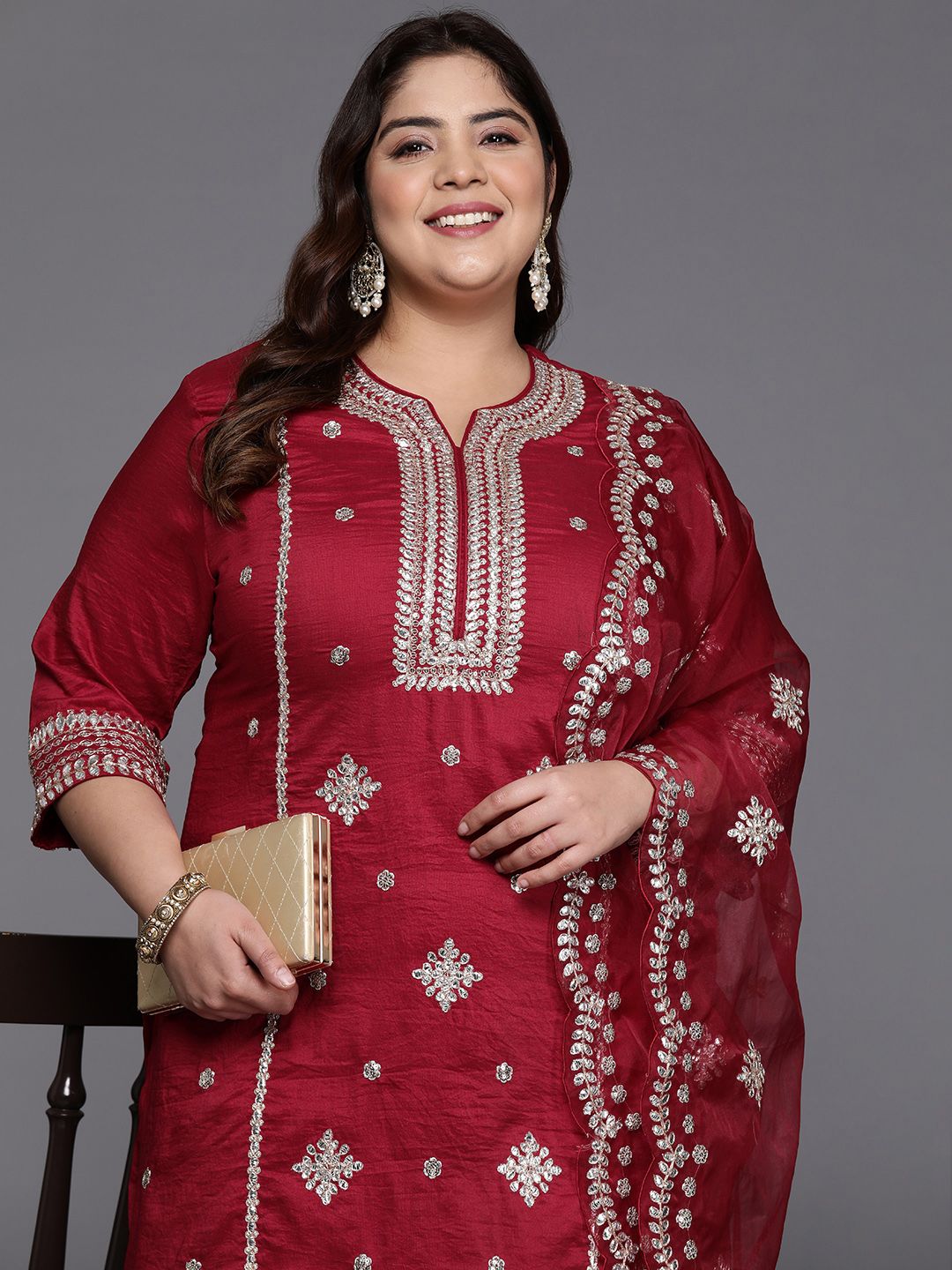 Plus Size Ethnic Motifs Embroidered Gotta Patti Kurta with Trousers & Dupatta