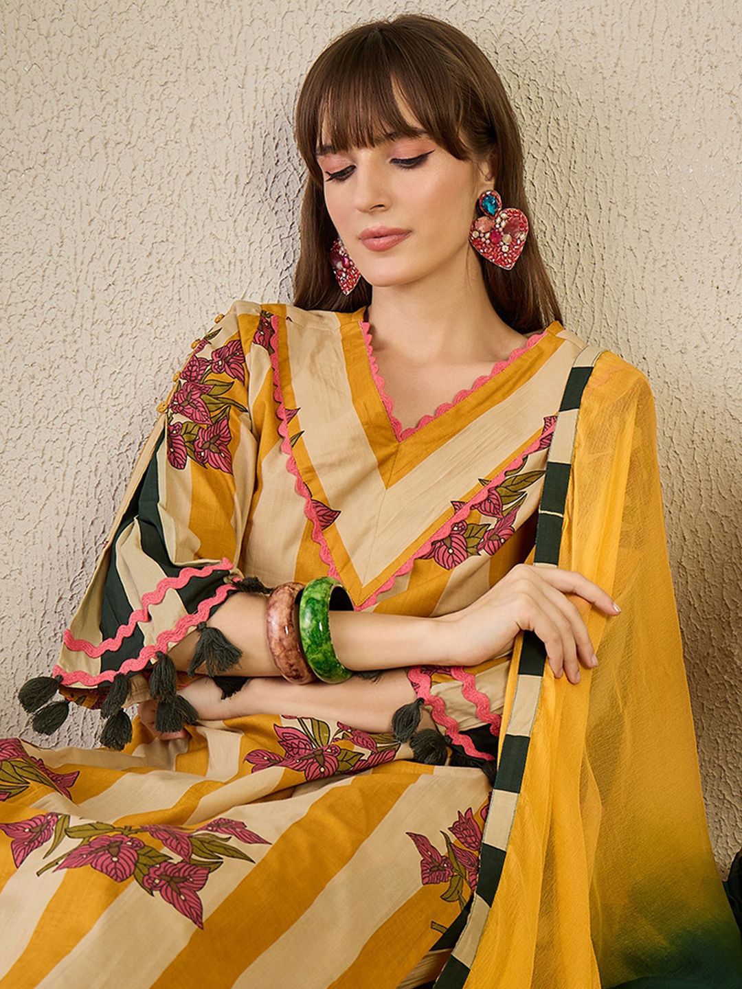 Floral Printed Pure Cotton Kurta with Trousers & Dupatta