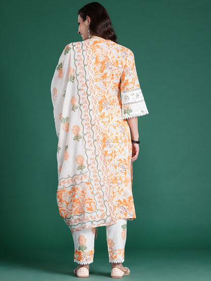 Indyancart IE Floral Printed Pure Cotton Kurta with Trousers & Dupatta