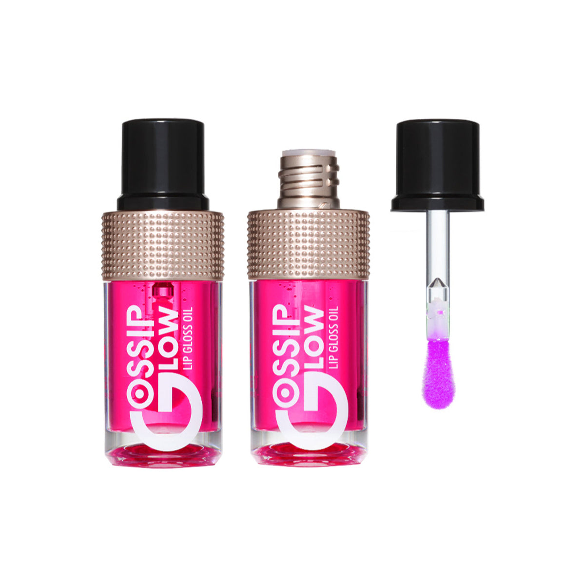 Character Gossip Glow Lip Gloss Oil in Pink Punch 03, featuring a shiny pink lip gloss tube with a character-themed design.