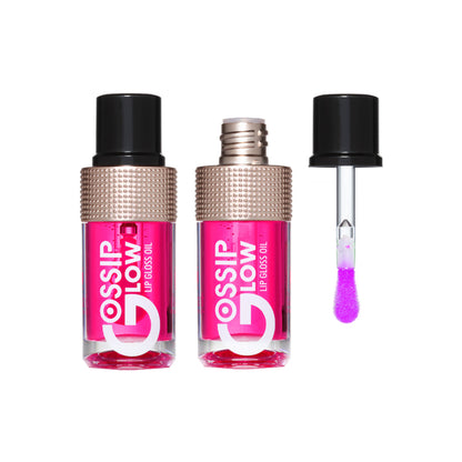 Character Gossip Glow Lip Gloss Oil in Pink Punch 03, featuring a shiny pink lip gloss tube with a character-themed design.