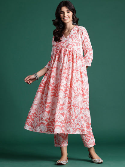 Indyancart IE Floral Printed Empire Kantha Work Pure Cotton Kurta with Trousers
