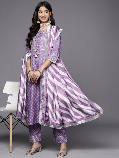 Indyancart VA Women's Purple Bandhani Printed Kurta with Trousers & With Dupatta