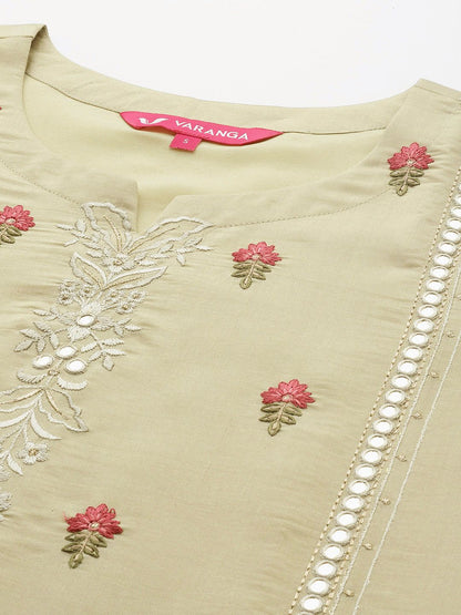 Indyancart VA Women'sFloral Embroidered Mirror Work Kurta with Trousers & Dupatta
