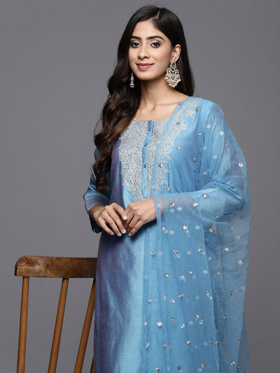 Indyancart VA Women'sFloral Embroidered Chanderi Silk Kurta With Trousers & Dupatta
