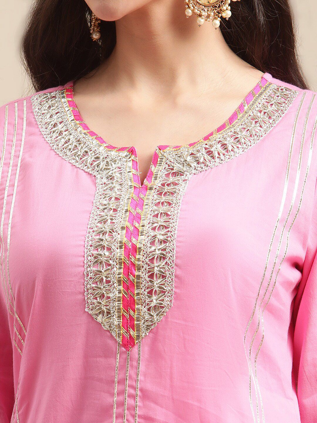 Indyancart VA Women's Pink Gotta Patti Pure Cotton Kurta with Sharara & Leheriya Dupatta