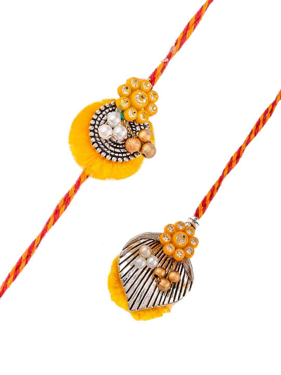 Anouk Gold Toned Beaded Bhaiya Bhabhi Thread Rakhis With Roli, Chawal & Greeting Card