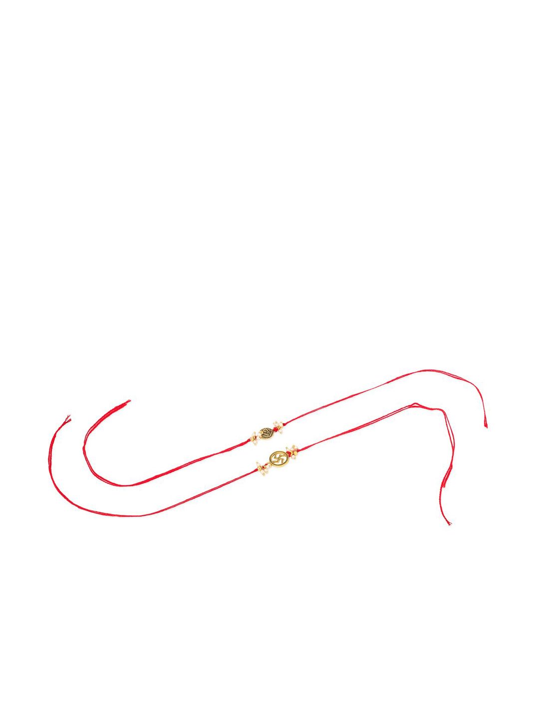Anouk Men Set Of 2 Gold Toned Pearls Swastik Desgin Thread Rakhi With Roli Chawal