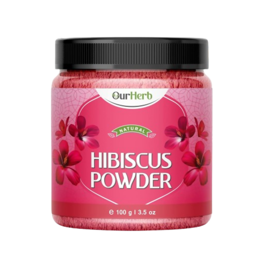 OurHerb Hibiscus Flower Powder face pack and hair mask for all hair types, showing the vibrant pink powder in a bowl.
