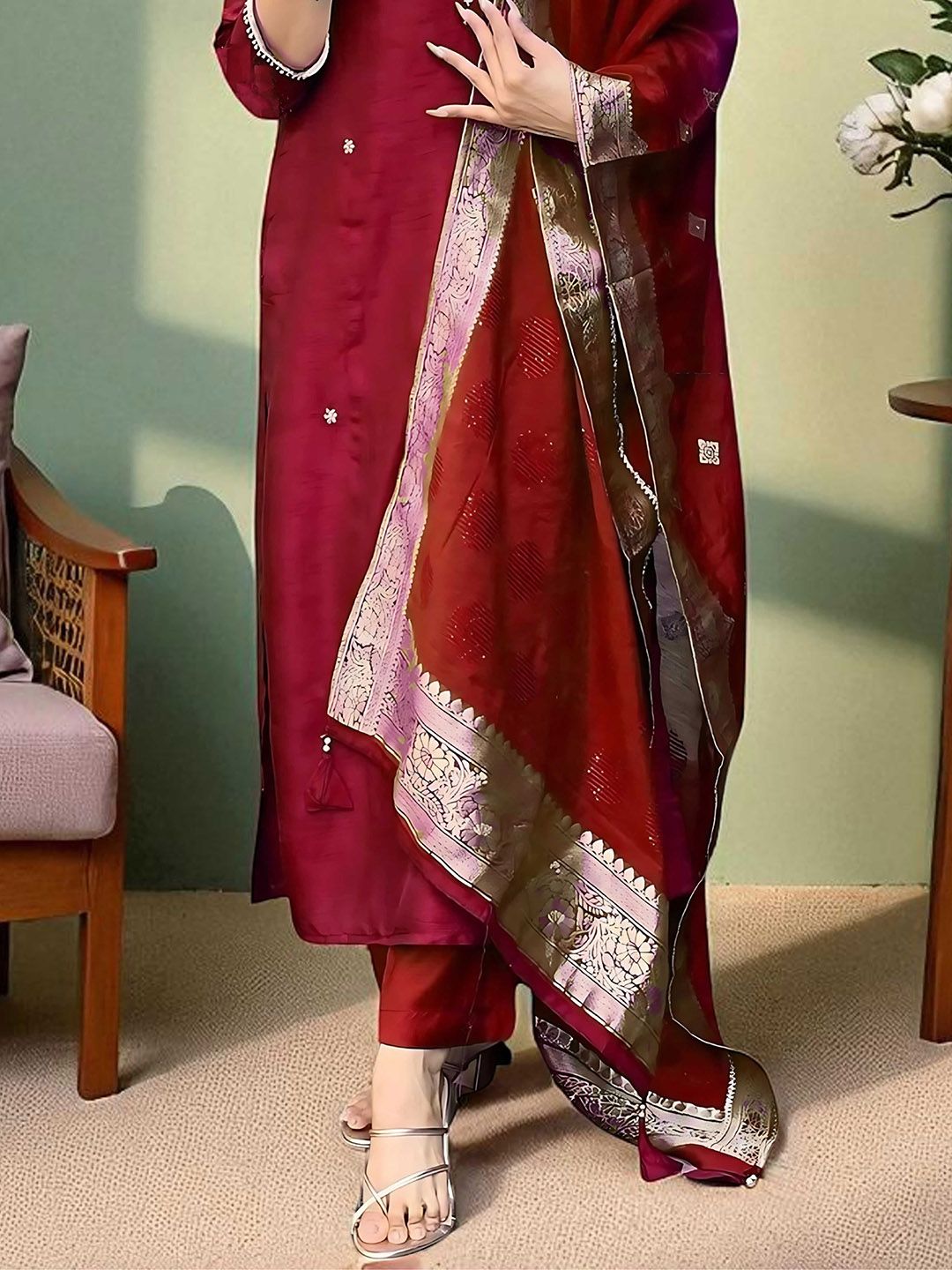 Indyancart SN Women's Embroidered Pure Cotton Straight Kurta Pyjama & Dupatta Kurta Set