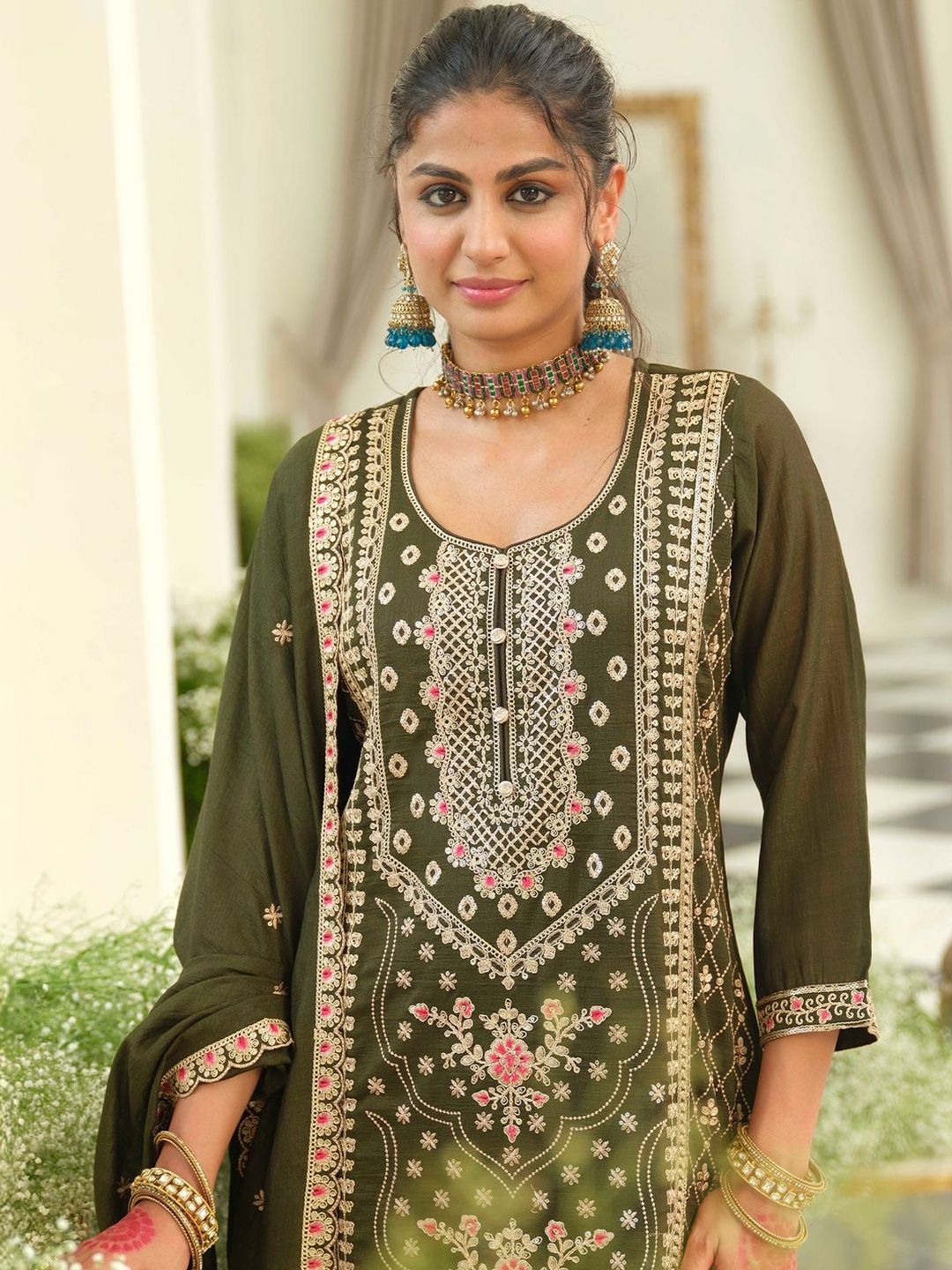 Indyancart IE Women Ethnic Motifs Embroidered Regular Thread Work Kurta with Palazzos & With Dupatta