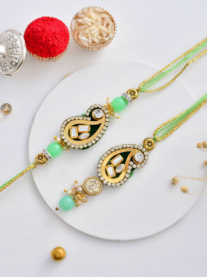 Anouk Green Kundan-Studded & Beaded Bhaiya Bhabhi Thread Rakhi