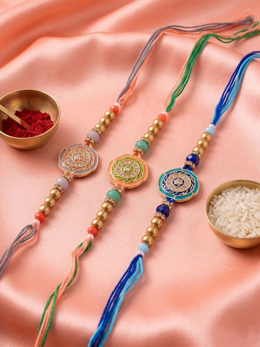 Anouk Set Of 3 Floral Design Multicolor Artificial Beads Thread Rakhi With Roli Chawal