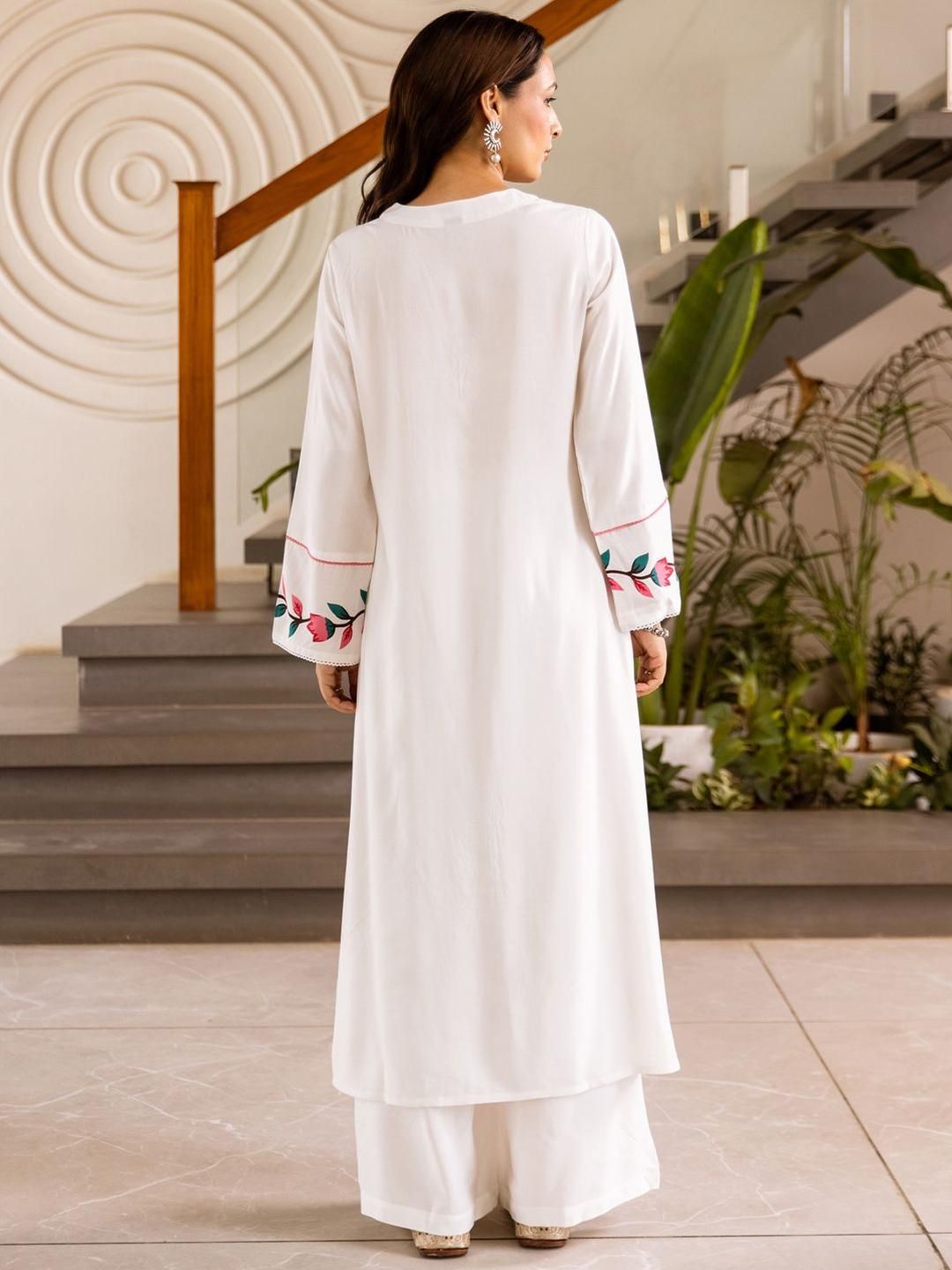 Floral Printed Straight Thread Work Kurta With Palazzos