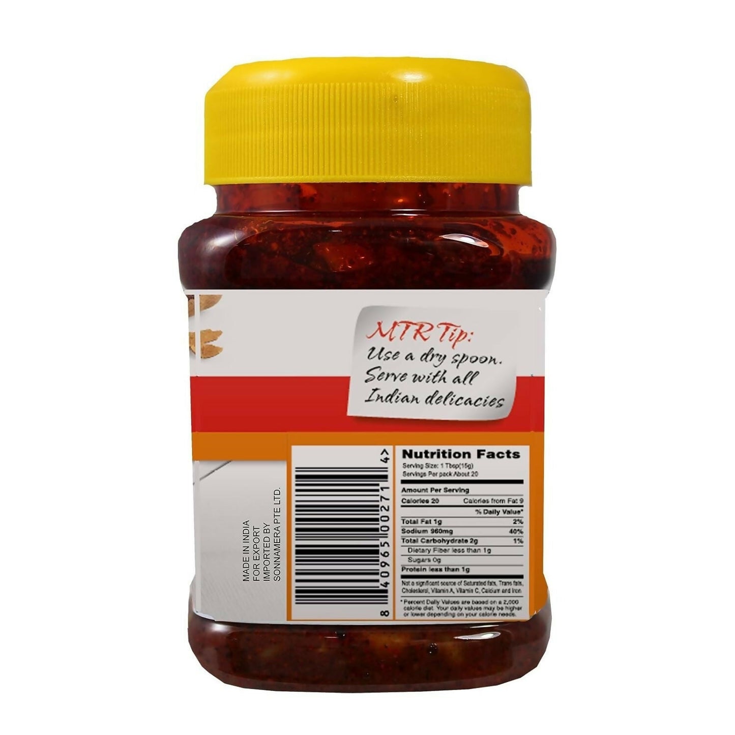 MTR North Indian garlic pickle jar with visible garlic cloves and spicy, tangy pickle inside.