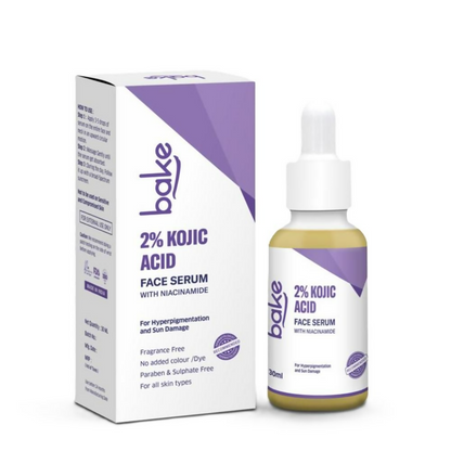 Bake 2% Kojic Acid face serum with niacinamide, clear bottle showing the lightweight serum for skin brightening and even tone.
