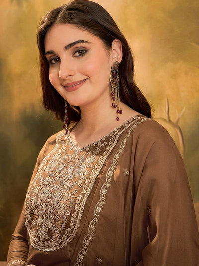 Indyancart SN Women's Sequin Embroidered A-Line Kurta & Trousers With Dupatta