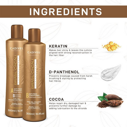 Cadiveu Brasil Cacau anti-frizz shampoo and conditioner duo, showing bottles with sleek black packaging and product labels.
