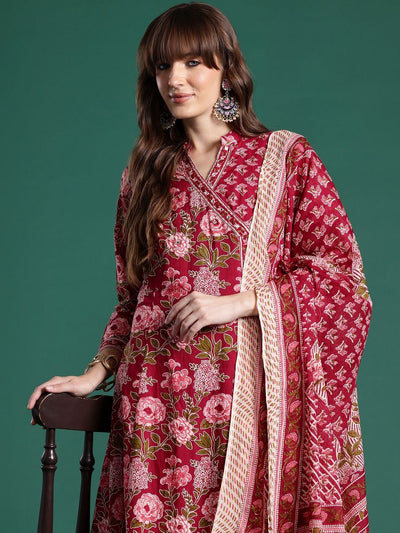 Indyancart IE Women Floral Printed Angrakha Pure Cotton Kurta with Trousers & With Dupatta
