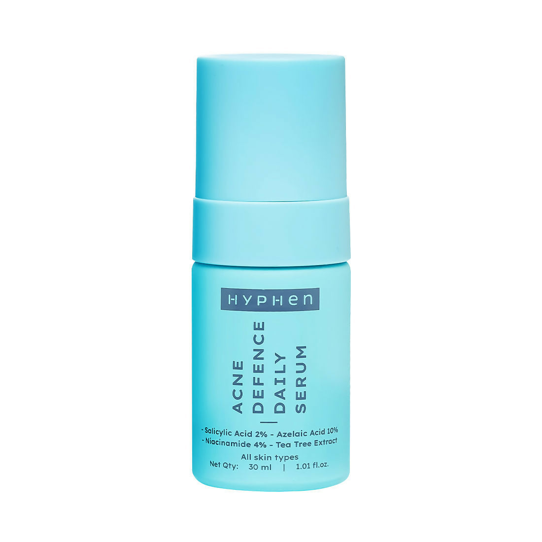 Hyphen by Kriti Sanon acne defense serum with 2% salicylic acid for active acne and breakouts, featuring a clear bottle with dropper.