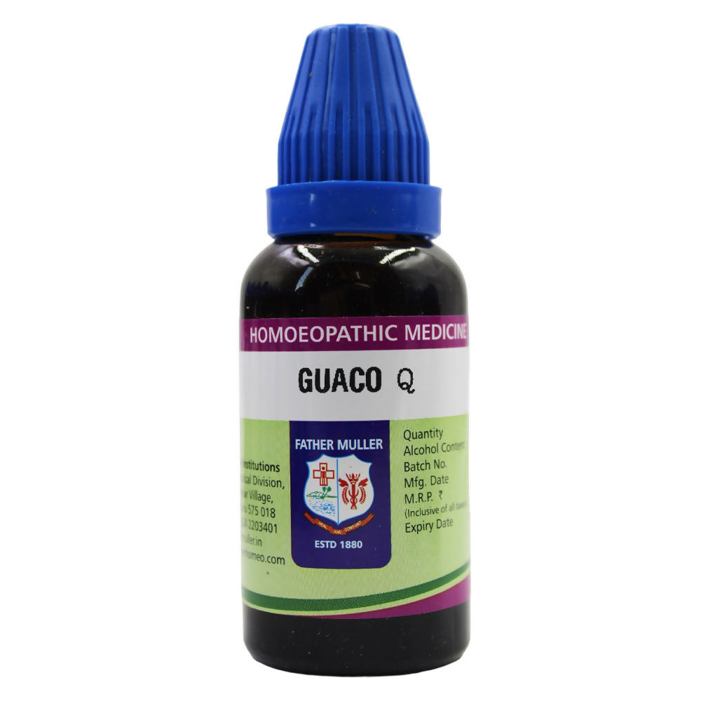 Father Muller Guaco Mother Tincture Q bottle, herbal medicine in a glass container with a label, on a plain background.