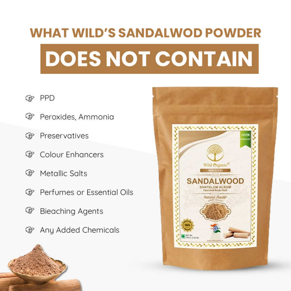 Wild Organic sandalwood powder face and body pack for skin brightening, shown in a natural, ready-to-use form.